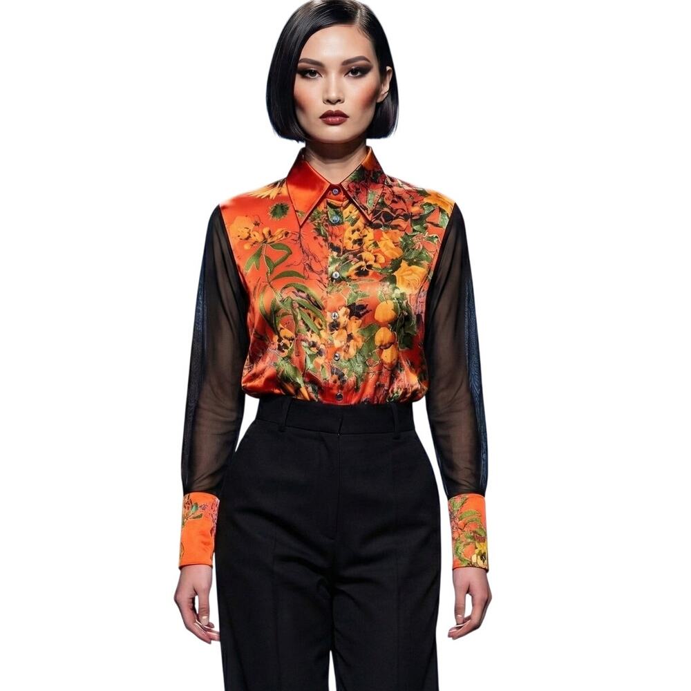 Vtg Jean Paul Gaultier JPG Classique Bodysuit Mesh Sleeve Citrus Print 8
